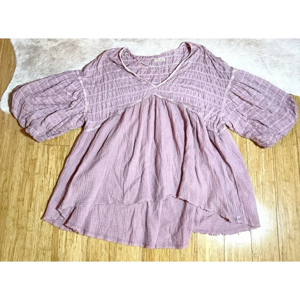 Free People Flower Power Smocked Babydoll Tunic Women's Size Small Purple/Pink - Picture 3 of 5